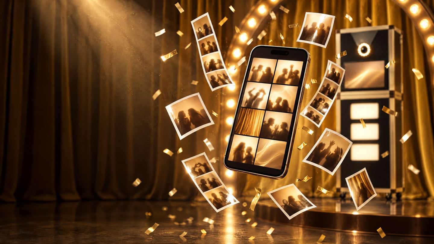 Ein Smartphone mit Fotogalerie schwebt zwischen Fotostreifen und Konfetti